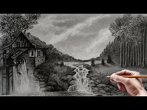 How to draw a realistic landscape | Drawing a beautiful landscape with pencil and charcoal powder...