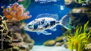 A vibrant aquarium scene featuring a colorful fish swimming among rocks and plants.