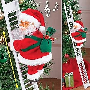 Electric Santa Claus Climbing Ladder, Santa Claus on Ladder with Music - Christmas Tree Hanging Ornaments (White)