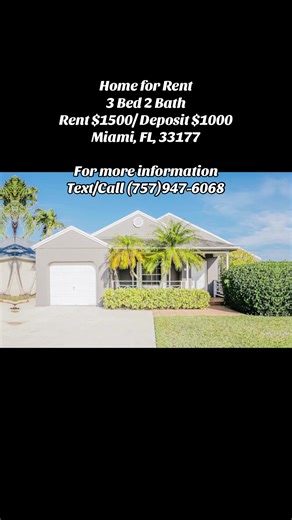 🏡✨ Beautiful 3 Bedroom 2 Bathroom Home for Rent in Miami, FL! 🌴🔥 Looking for a spacious and affordable home in Miami? This 3 bedroom, 2 bathroom home offers the perfect combination of comfort, convenience, and style in a great neighborhood. Perfect for families or roommates looking for a clean and move-in ready home. 📍 15411 SW 144th Ave, Miami, FL 33177 💰 Rent: $1,500/month 🔐 Deposit: $1,000 🌟 Home Features: 🛏️ 3 Spacious Bedrooms 🛁 2 Full Bathrooms 🍳 Fully Functional Kitchen 🛋️ Comf