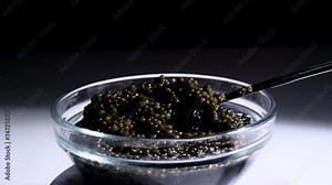 Salted beluga caviar on a plate. Raw seafood. Luxurious gourmet food. Delicious fish products. Russian kitchen.Partitioned dish with black and red caviar