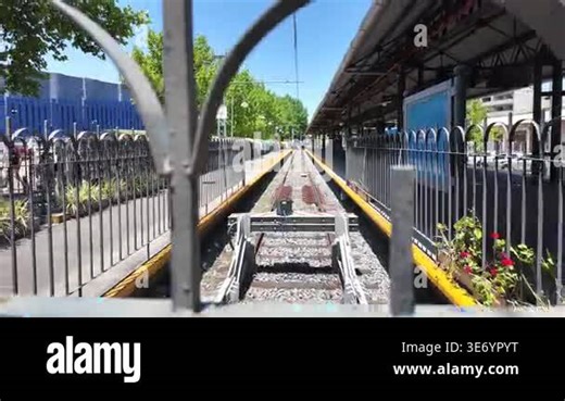 View of the rails and railway infrastructure at the Delta Station in Tigre, Buenos Aires. Architecture of the Tren de la Costa with platforms and protection gates at the end of the line Stock Video Footage - Alamy