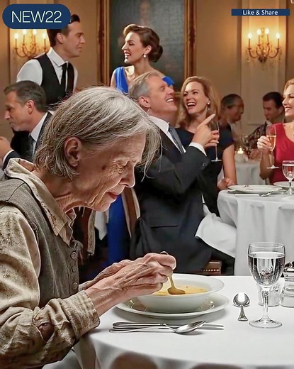 “This is a Fine-Dining Establishment,” An Old Woman Orders the Cheapest Soup in a Fancy Restaurant — Customer Smirks, Waitress Smirks... Until the Woman in the Old Coat Stands Up and Changes Everyone’s Future. The chandeliers shimmered like trapped stars, silverware whispered across porcelain, and a string quartet painted the air with elegance. Into this silence stepped a woman wearing a sun-faded coat and shoes softened by time. The hostess lifted one manicured brow, her polite smile hiding jud