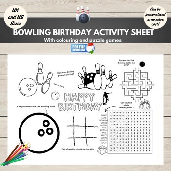 Bowling Birthday Activity Sheet, Party Puzzle Page, Coloring Placemat