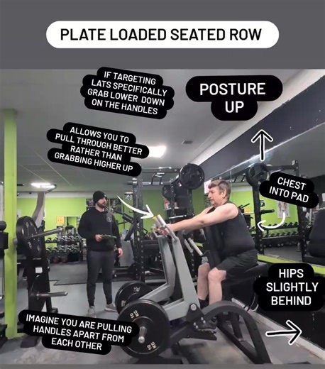 💪 PLATE LOADED SEATED ROW: PROPER FORM GUIDE 💪 Here's me working through plate loaded seated row with my client Steve 🔥🏋️‍♂️ One of the BEST exercises for building a thick, strong back 💯 Here's how to do it properly 👇 ✅ SETUP: Sit on the machine with your chest against the pad. Grab the handles with a neutral or overhand grip 🎯 ✅ CHEST UP, SHOULDERS BACK: Keep your chest pressed into the pad and your shoulders retracted. Don't slouch forward ❌ ✅ PULL WITH YOUR ELBOWS: Think about driving 