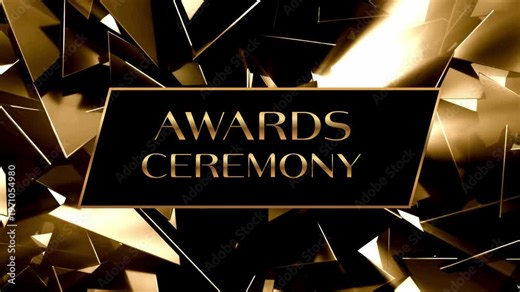 Ready-to-use video intro with animated gold Awards Ceremony text on a background of moving gold shards, crystals for award shows, corporate year-end results, and luxury events.