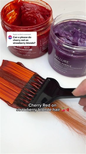 Cherry red semi-permanent color on strawberry blonde hair 🍒 Pallure color masks