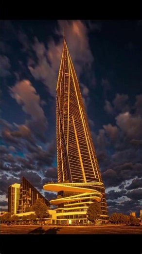 A futuristic skyscraper shown in four ultra-realistic time variations