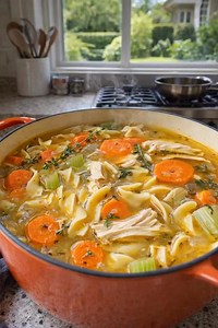 L'ultime soupe aux nouilles au poulet guérisseur 🍲💛 Quand vous avez besoin de quelque chose de chaud, doux et vraiment réconfortant, cette soupe au poulet maison est la solution. C'est léger mais nourrissant, plein de saveurs et parfait pour les journées confortables ou quand vous vous sentez sous le temps. Ingrédients • 1 poulet rôtisserie, échiqueté de viande • 4 carottes moyennes, tranchées • 3 tiges de céleri tranchées • 2 gousses d'ail hachées • 1 oignon moyen, finement haché 🧅 • 8 tasse