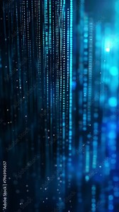 Digital rain of code, Blue matrix style binary streams depicting data flow and cyber security concept, abstract vertical background, seamless loop.