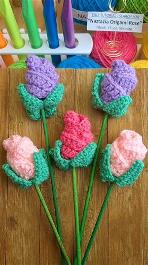 1.5M views · 13K reactions | This crochet origami rose is made in the round with yarn and double crochet stitches. Then this circle is rolled and cuffed into a rose bud shape and added to a stem. #reels #crochet #knitting #roses #origami #yarn #makersgonnamake #tutorial #3d #flowers #naztazia | Naztazia | Facebook