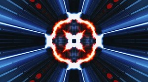 Presents an abstract, symmetrical design with neon colors against, suggesting a futuristic or digital environment.