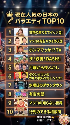 笑ってリフレッシュ！今、日本で愛されているバラエティ番組TOP10 📺