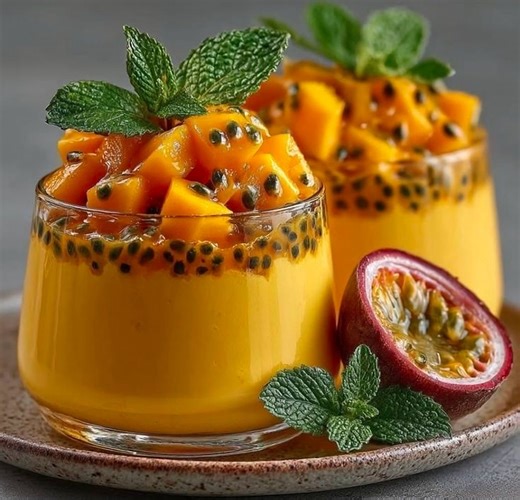 **Mango Passion Fruit Pudding** 🥭✨ Creamy mango custard topped with fresh mango cubes and passion fruit pulp — so refreshing and perfect for summer! Here’s the easy no-fail recipe 👇 --- ## 🥭 Mango Passion Fruit Pudding ### 🧁 Ingredients #### For Mango Pudding: * 1½ cups mango puree (fresh or canned) * 1 cup milk * ½ cup fresh cream * ¼–⅓ cup sugar (adjust to taste) * 2 tbsp cornflour * 1 tsp lemon juice (optional – enhances flavor) #### For Topping: * ½ cup mango cubes * 2 passion fruits (pu