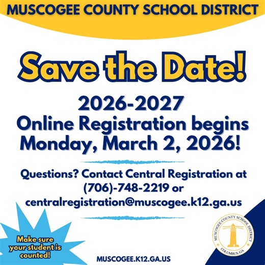 REMINDER! Student Online Registration will open on Monday, March 2, 2026.! Current and new students must register for the 2026-2027 School Year. Please remember that online registration is an ongoing process. As always, please continue to monitor MCSD updates through our official communication channels for the latest information. #MCSD #CreatingWE #SupportPublicEducation | Muscogee County School District