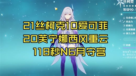 21丝柯克10爱可菲20芙宁娜50西风重云118秒N6月守宫
