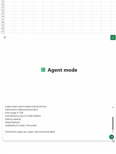Copilot in Excel Prompt: Create a comprehensive table of cars available in Thailand. Include columns for: Brand Model Year Engine type (Petrol/Diesel/Hybrid/Electric) Transmission (Manual/Automatic) Price range in THB Fuel efficiency (km/l or kWh/100km) Seating capacity Safety features Availability (In stock / Pre-order) Format the output as a clean, well-structured table. #ExcelAgentMode#CarGeneratorThailand #ExcelMagicCars #ThailandAutoHack #ExcelAutomationFun #AgentModeExcel #CarsMadeInExcel 
