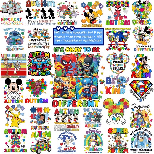 140+ Autism Awareness PNG and SVG Bundle: Cartoon SVG T-shirt Designs, Autism Quotes, Cartoon Autism Png Bundle, Autism Digital Assests Png - Etsy