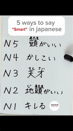 🎥 5 ways to say “Smart” in Japanese ⸻ N5 頭がいい（あたまがいい） Meaning: Smart / intelligent (basic) Real Example: \t•\t彼は頭がいい。 (He’s smart.) ⸻ N4 かしこい Meaning: Clever / wise (used for kids & animals too) Real Example: \t•\tこの犬、ほんとかしこい！ (This dog is really smart!) ⸻ N3 天才（てんさい） Meaning: Genius (strong praise) Real Example: \t•\tそれ考えたの？天才じゃん。 (You thought of that? You’re a genius.) ⸻ N2 地頭がいい（じあたまがいい） Meaning: Naturally smart / sharp thinker Real Example: \t•\t彼は地頭がいいタイプだね。 (He’s naturally sharp.) ⸻ N1 キレ