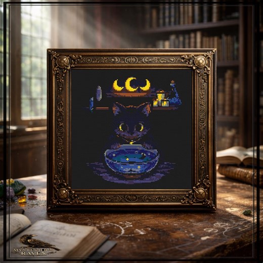 Black Cat Cross Stitch Pattern, Witchy Cat Embroidery PDF, Celestial Moon Decor - Etsy