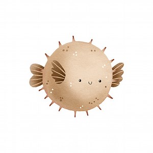 Cartoon hand drawn illustration of pufferfish sea fish. Fish with...