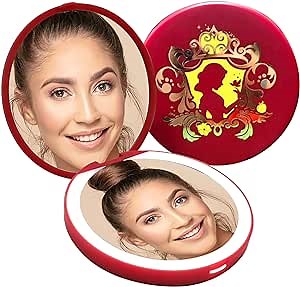 Impressions Vanity Disney Princess Snow White Compact Mirror with LED Light, Round Lighted Vanity Makeup Mirror with USB and Folding Magnify Top Glass