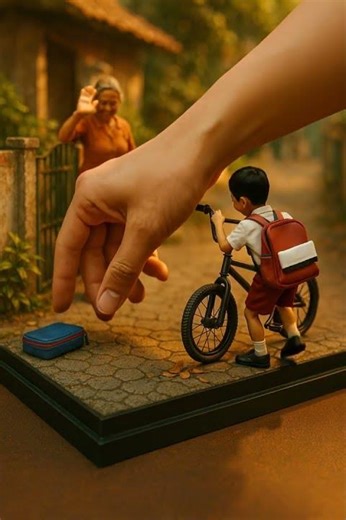 Happy schoolboy waves goodbye with grandma smiling #MiniFigureLife #DioramaArt #MiniatureStory