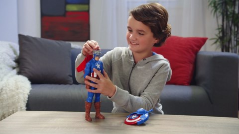 Avengers Marvel Titan Hero Series Blast Gear Captain America, 12-Inch Toy, with Launcher, 2 Accessories and Projectile, Ages 4 and Up , Blue