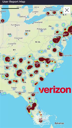 Widespread Verizon outage affecting over 90,000 users across major U.S. cities, visualized in an animated map showing red outage clusters spreading from the East Coast to the West, with users reporting "SOS" mode on devices and disrupted voice/data services. Verizon confirmed the issue as an internal network disruption starting around 1 PM ET on January 14, 2026, with partial recovery underway by evening; reports also note minor parallel issues with T-Mobile and AT&T, but no cyberattack evidence