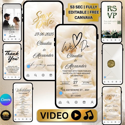 Animated White Rose Wedding Video Invitation: 53s Luxury 9-card Suite With Gold Sparkles & Floral Background - Fully Editable Canva Template - Etsy