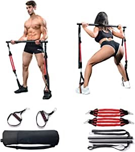 Full Body Portable Pilates Bar Kit Adjustable with Carry Bag Yoga Pilates Stick Muscle Toning Bar with Elastic Ropes, Gym Pilates Exercise Bar with Foot Loops for Home, Office, Travel
