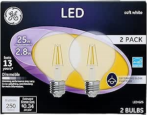 GE LED Light Bulbs, 25 Watt, Soft White, G25 Globe Bulbs, Clear, Medium Base (2 Pack)