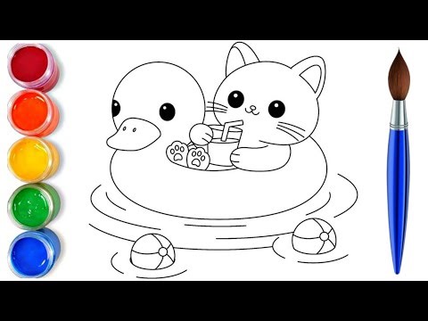 How to draw easy cute cat in swimming pool | easy drawing step by step for kids