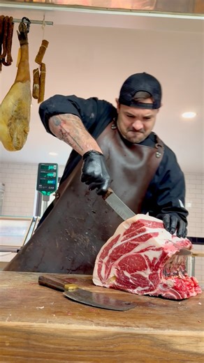 This bad boy’s out of a 1400 lbs Charolais steer! Banging out a whopper rib with the cleaver! #ribeye #butchershop #beef #BoneInRibeye #meatprocessing #meat #ribsteak #charolais | Harv’s Butcher Shop