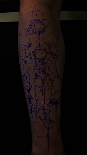 Custom Spaceman/ Astronaut piece I tattooed for my client. He gave me a few references and allowed me creative freedom to create this beautiful design for him. Thank you again! I have time available at the end of July, and I am also scheduling August appointments. Message me to schedule, and thanks for lookin and showin some love ⚡️ | Scales of Sin llc. Private Tattoo Studio