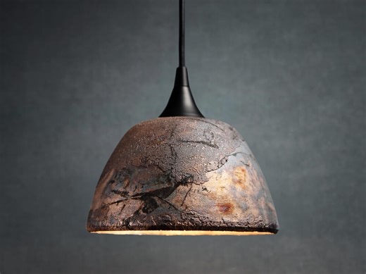 Pendant Light, Rustic Matte Copper, Raku, Reflective Ceramic Lampshade With Glaze Crawl Texture Pottery Lighting Fixture - Etsy