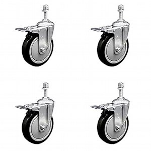 Polyurethane Swivel Threaded Stem Caster Set of 4 w/5" x 1.25" Black Wheels and 10mm Stems - Includes 4 with Total Lock Brakes - 1400 lbs Total Capacity - Service Caster Brand