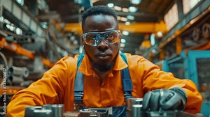 An African American engineer tests a futuristic bionic exoskeleton and picks up metal objects in a heavy steel factory