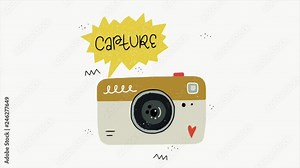 Cartoon flat photo camera in action animation. Amateur travel digital camera, pressing button, flash, animated speech bubble with lettered word Capture, Click. Motion graphic for photographer, studio.