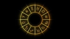 Zodiac wheel spinning. Astrological calendar animation with horoscope symbols rolling around 360 degrees