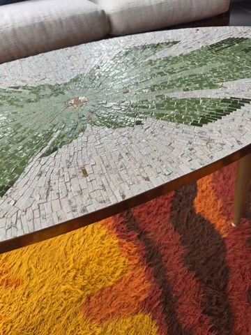 Mid Century Mosaic Tile Surfboard Coffee Table: White Green Gold, Gold Trim - Etsy