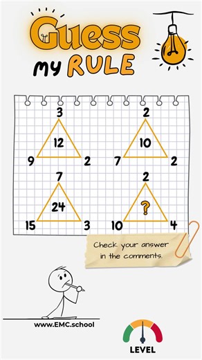 Can you crack the triangle rule? 🤔 Use the three outside numbers to find the number inside. Drop your guess below! 🧠 Great for: quick brain breaks mental math warm-ups logical thinking practice Pause the video, think it through, and write your answer (and your rule!) in the comments. #mathpuzzle #numberpatterns #trianglepuzzle #mentalmathforkids #mathbrainbreak #logicforkids #puzzlemath #EMCschool #mathfun