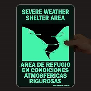 SmartSign "Severe Weather Shelter Area" Bilingual Label | 7" x 10" Glow-in-The-Dark Laminated Vinyl Sticker, Made in USA