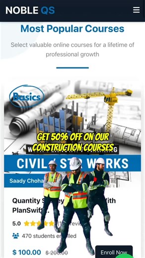🚧 NOBLE QS COURSES – Enroll Now with 50% OFF! Build your dream career with Noble QS Online Courses! Our expert trainers guide you step by step to enhance your professional skills and open new opportunities in the construction industry. 🎯 Featured Courses: • Civil QS Works • Mechanical QS Works • Electrical QS Works • Plumbing QS Works • PlanSwift Masterclass • Revit Architecture BIM • Primavera P6 Oracle • 4D BIM Bentley • Open Site Designer AI • AutoCAD Civil 3D • MS Project Advanced • Contra