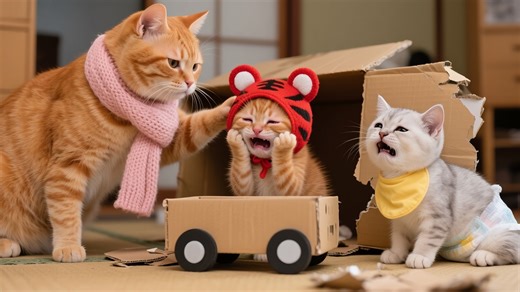 Three Cats Cry After Cardboard Car Crash! Daisy Buys Toy Car, Sunglasses Drive Wins Hearts | Daisy Video AI