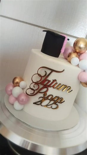 Pink, white and gold prom themed cake with custom fropper, edible cap and poly ball decoration ✨ #fyp #cptbaker #capetownsouthafrica #buhreinestate