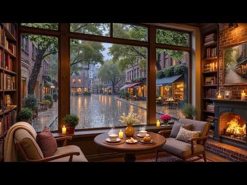Gentle Spring Rain Coffee Shop ☕🌧️ Warm Jazz Piano & Fireplace Sounds for Study & Focus