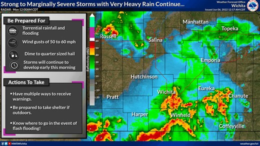 2.2K views · 29 reactions | The severe threat is diminishing, and turning into mostly a heavy rain and flooding/flash flooding event. Most storms for the remainder of the night will likely be sub-severe with a few isolated instances of severe hail (quarters) and damaging wind gusts (60 mph) possible. | US National Weather Service Wichita Kansas | Facebook