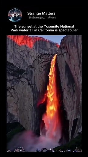 The sunset at the Yosemite National Park waterfall in California is spectacular.