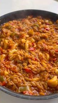 This quick paella-inspired recipe is amazing! #paella #orzo #fyp